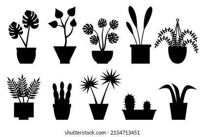 Cactus, sansevieria, monstera, fern, hanging flower. Houseplants in black silhouette flower pot set. Urban jungle decor. For interior, botany, house decoration, web and app design. Vector illustration