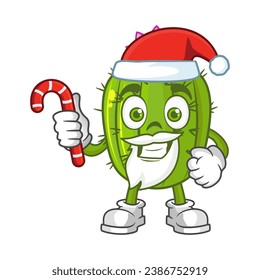 Cactus santa cartoon character holds christmas candies