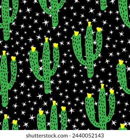 cactus seamless pattern, abstract plants on a black background with naive, hand-drawn stars for your textile, craft paper, background