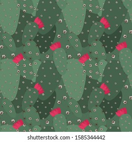 Cactus Seamless Pattern. 
Abstract tropical background of green cacti and pink flowers. Vector illustration.