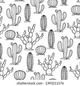 Cactus seamless pattern. Cacti hand drawn background. Vector illustration. Hand drawn sketch.