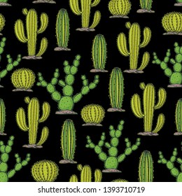 Cactus seamless pattern. Cacti hand drawn background. Vector illustration.