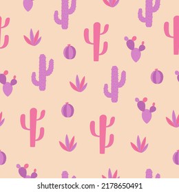 Cactus seamless pattern. Cartoon cacti in pink and purple colors with blossoms and spikes on pink background.