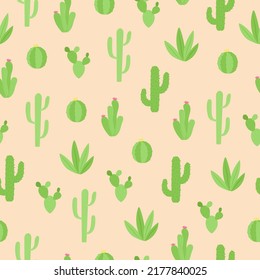 Cactus seamless pattern. Cartoon pastel cacti with blossoms and spikes on beige background. Vector illustration