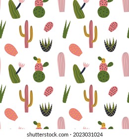 Cactus seamless pattern in cute cartoon style. Cacti and succulent in bright and funny colors. Repeat background, wallpaper texture. Decorative print for fabric. Kid apparel design.