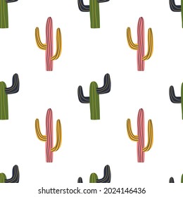 Cactus seamless pattern in cute cartoon style. Cacti in Mexican style. Repeat background, wallpaper texture. Decorative print for fabric. Kid apparel design.