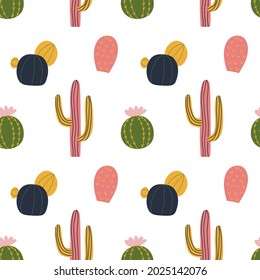 Cactus seamless pattern in cute cartoon style. Round and sticky cacti. Repeat background, wallpaper texture. Decorative print for fabric. Kid apparel design.