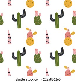 Cactus seamless pattern in cute cartoon style. Bright succulent for surface design. Repeat background, wallpaper texture. Decorative print for fabric. Kid apparel design.