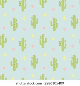 Cactus seamless pattern. Cute cartoon cactus, sun and pink heart repeat on blue background. Doodle kids style. Vector illustration.