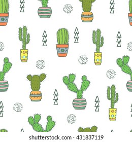 Cactus seamless pattern. Doodle colorful flowers in pots. Vector background with cute cactus. 