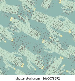 Cactus seamless pattern in doodle style. Cacti wallpaper on green background. Abstract botanical exotic backdrop. Design for fabric, textile print, wrapping paper. Modern vector illustration