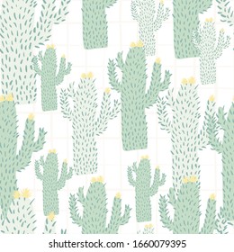 Cactus seamless pattern in doodle style. Cacti wallpaper on white background. Abstract botanical exotic backdrop. Design for fabric, textile print, wrapping paper. Modern vector illustration