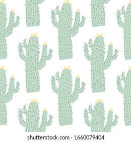 Cactus seamless pattern in doodle style. Cacti wallpaper. Abstract botanical exotic backdrop. Design for fabric, textile print, wrapping paper. Modern vector illustration