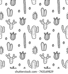 Cactus seamless pattern - doodle texture illustration vector.