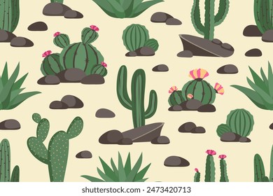 Cactus seamless pattern. Exotic Desert plant with long needles, spines, pink flowers. Wilderness with stones. Vector flat illustration for wallpaper, textile, print, wrapping paper, cover