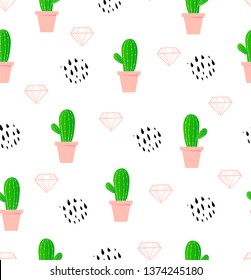 Cactus seamless pattern. Fun summer background. Trendy plant