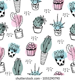 Cactus seamless pattern. Hand drawing. Barbed. Flower. For your design. Circuit.
