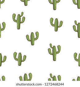 Cactus seamless pattern, hand drawing, vector illustration. Painted green peyote with spikes on white background. For fabric design, cloth, wallpaper, decorating
