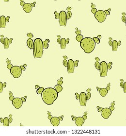 Cactus seamless pattern in hand drawn style on green background.