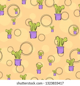 Cactus seamless pattern in hand drawn style on green background.