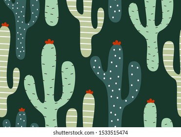 Cactus seamless pattern with hand drawn cute scandinavian style. Exotic jungle botanical garden green colors theme. Vector illustration for kids and baby apparel fashion textile print.