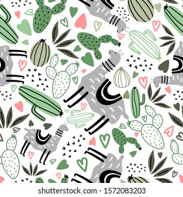 Cactus seamless pattern with hand drawn floral succulents plant background. Vector scandinavian childish style. Llama animal cute for baby and kids fashion textile print.