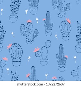 Cactus seamless pattern. Hand drawn cactus lineart. Home plants succulents blue pattern, pink flower. Doodle with cute cactus, floral seamless pattern.