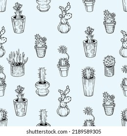 Cactus seamless pattern. Hand drawn cactus lineart. Home plants succulents black and white pattern.