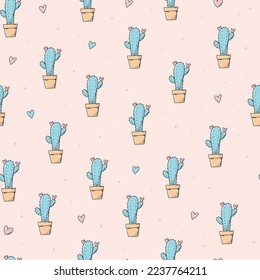 Cactus seamless pattern with hearts on light pink background. Good for wrapping paper, scrapbooking, stationary, wallpaper, textile prints, etc. EPS 10