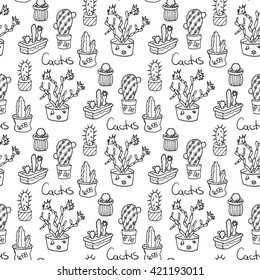 Cactus seamless pattern illustration. Vector succulent and cacti hand drawn set. In door plants in pots.