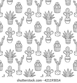 Cactus seamless pattern illustration. Vector succulent and cacti hand drawn set. In door plants in pots.