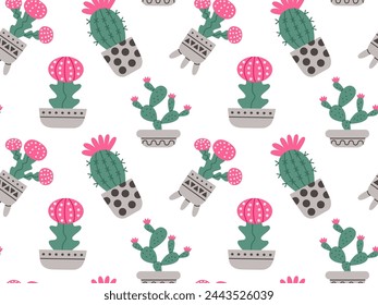 Cactus seamless pattern. Mexico cacti flower and tropical home plants or Arizona summer climate garden cactuses.