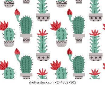 Cactus seamless pattern. Mexico cacti flower and tropical home plants or Arizona summer climate garden cactuses.