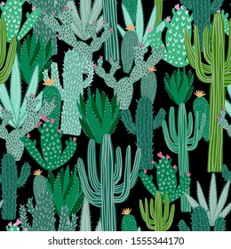 Cactus seamless pattern on black background. Green cacti wallpaper. Printing, textile, fabric, interior, wrapping paper. Vector illustration