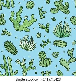 Cactus seamless pattern on blue background