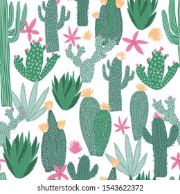 Cactus seamless pattern on white background. Doodle exotic wallpaper. Cacti vector backdrop. Succulent flower endless textile illustration. Backdrop for textile or book covers, wrapping paper.