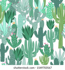 Cactus seamless pattern on white background. Doodle exotic wallpaper. Cacti vector backdrop. Succulent flower endless textile illustration. Printing, textile, fabric, interior, wrapping paper concept