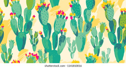 Cactus seamless pattern. Opuntia vector repeat pattern.