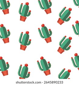 Cactus seamless pattern, prickly green cacti in a pot on a white background.