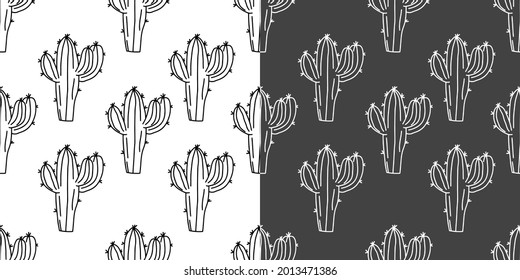 Cactus seamless pattern. Repeat endless background with cacti plants. Doodle vector illustration. Natural hand drawing background with desert cactus