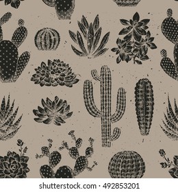 Cactus seamless pattern. Sketchy style illustration. Succulent collection. Vector illustration