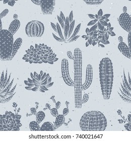 Cactus seamless pattern. Sketchy style illustration. Succulent collection. Vector illustration