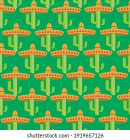 Cactus seamless pattern in sombrero. Flat vector stock illustration. Mexican cactus in a hat. Texture with a sombrero for printing on fabric, textile. Mexican seamless pattern with cactus