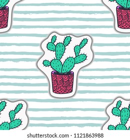Cactus seamless pattern. Trendy boho background. Cacti fabric print design. Succulent textile surface.