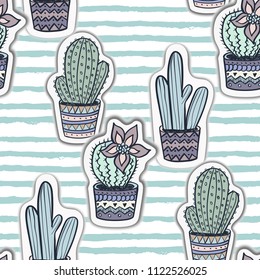 Cactus seamless pattern. Trendy boho background. Cacti fabric print design. Succulent textile surface.