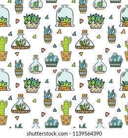 Cactus seamless pattern. Trendy boho background. Cacti fabric print design. Succulent textile surface.

