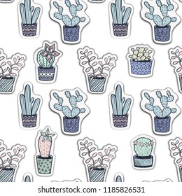 Cactus seamless pattern. Trendy boho background. Cacti fabric print design. Succulent textile surface.