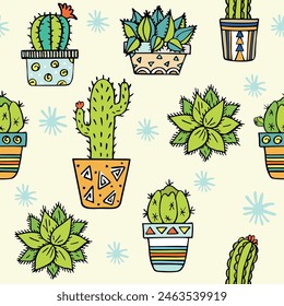 Cactus seamless pattern. Trendy boho background. Cacti fabric print design. Succulent textile surface.