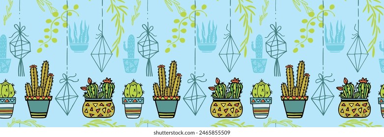 Cactus seamless pattern. Trendy boho background. Ornamental stripe. Cacti fabric print design. Succulent textile surface.