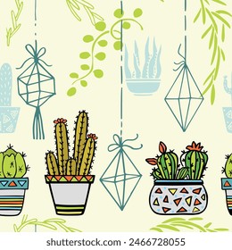 Cactus seamless pattern. Trendy boho background. Cacti fabric print design. Succulent textile surface.